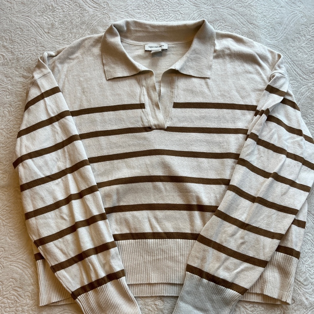 Women’s Calvin Klein Striped Brown & Cream Polo Lightweight Sweater (NWOT)